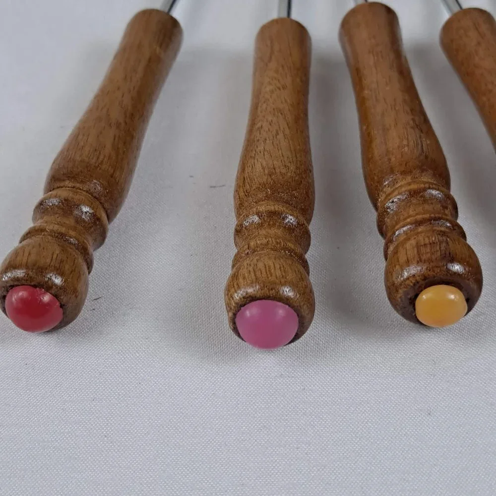 Vintage Set of 6 Fondue Forks Wooden Handles with Colorful Ends Stainless Steel
